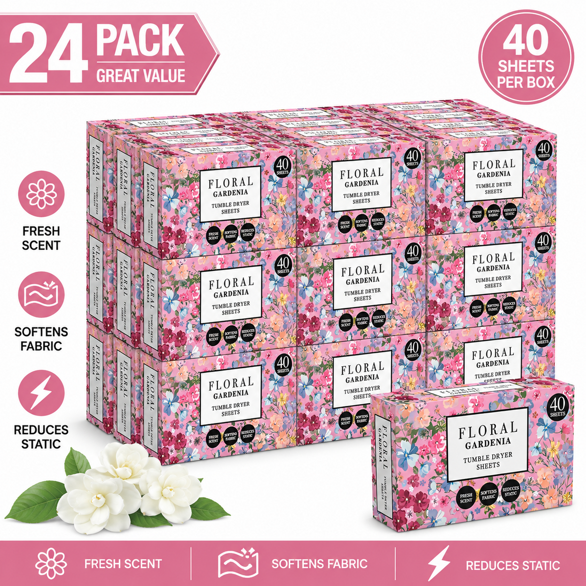 24 x Floral Tumble Dryer Sheets - 40pk - Gardenia