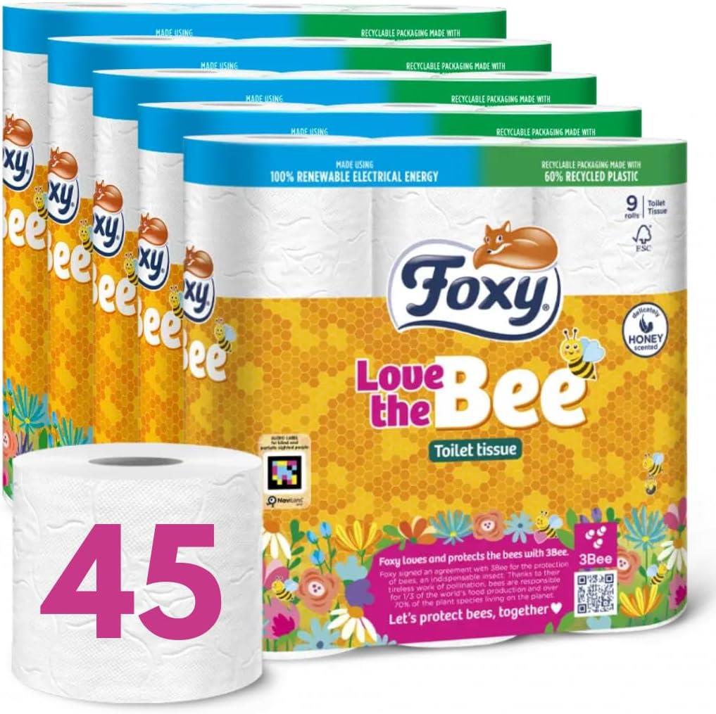 Foxy Love The Bee 2 Ply Toilet Roll (45 Rolls) | 170 Sheets Per Roll | Pure Cellulose | Clinicallt Tested | Absorbent & Resistant | Honey Core Scented