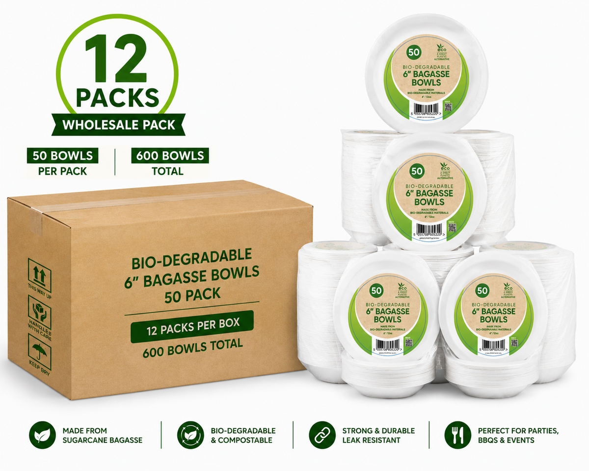 12 x 6” Bagasse Bowls 50 Pack – Eco Friendly Heavy Duty Disposable Party, BBQ & Catering Bowls | Biodegradable & Compostable Sugarcane Bowls