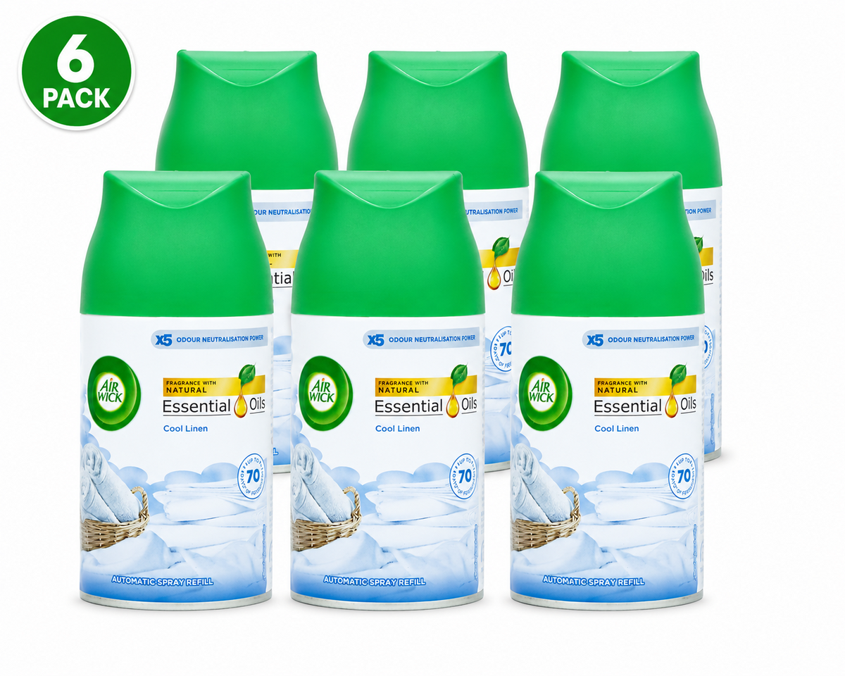 6 x Air Wick Essential Oils Automatic Spray Refill 250ml – Cool Linen Freshmatic Air Freshener Refills – Long Lasting Fresh Linen Scent