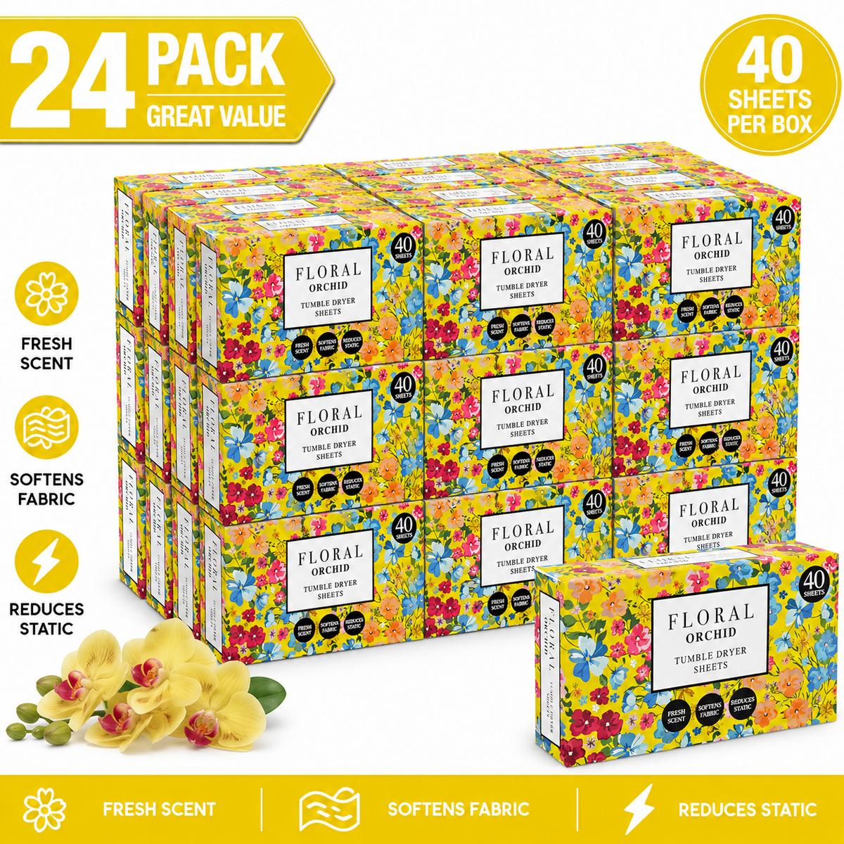 24 x Floral Tumble Dryer Sheets - 40pk - Orchid
