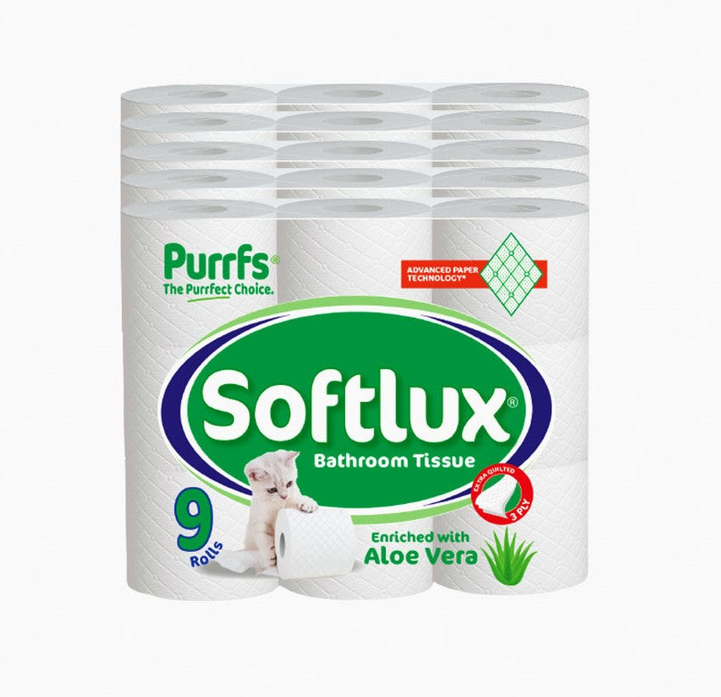 Pallet Deal: 48 x Softlux Purffs Aloe Vera 3 Ply Quality Soft Bathroom 45 Toilet Rolls (9 Rolls x 5)