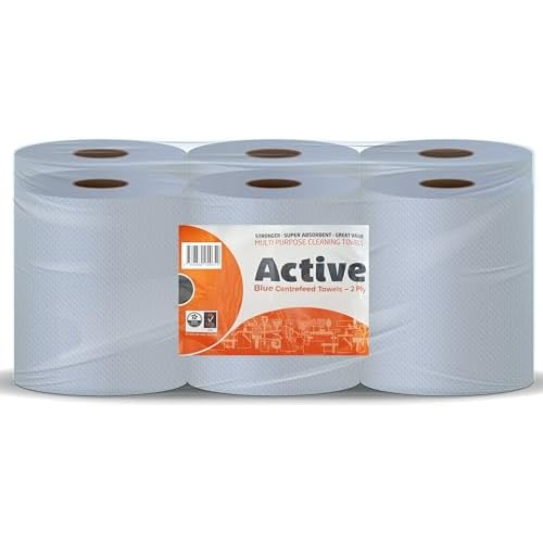 Blue Active Centrefeed 166mm x 300 Sheets  Embossed 2 Ply (1x6)